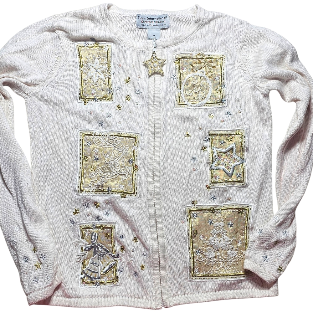 Vintage Cardigan gold HOLIDAY Ugly Christmas Sweater M grannycore Grandma CREAM